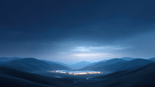 Hyperscale data center glowing softly in remote valley surrounded by rolling blue mountains under moody sky at dusk