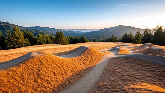 Mountain bike trail with dirt jumps and berms in forested mountain landscape under golden sunset sky featuring pump track curves and natural outdoor scenery