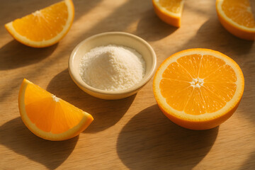Fototapeta premium Oranges and powder in harmony: A vibrant composition of sliced oranges and a bowl of powder on a wooden surface, bathed in natural light, creating a visual symphony of textures and colors.