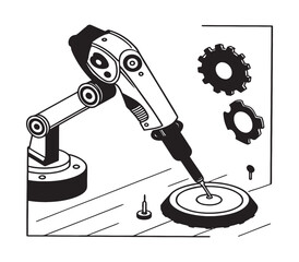 Industrial Robotics and Automation Black and White Illustration Showing Precision Work and Mechanical Assembly Processes with Gears