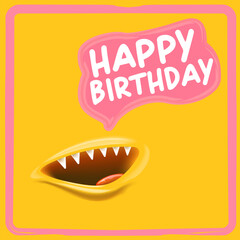 Happy Birthday Speech Bubble Vector, Cartoon monster Mouth Character with Open Grin, speech bubble isolated on orange Background, Celebration Greeting Card Design