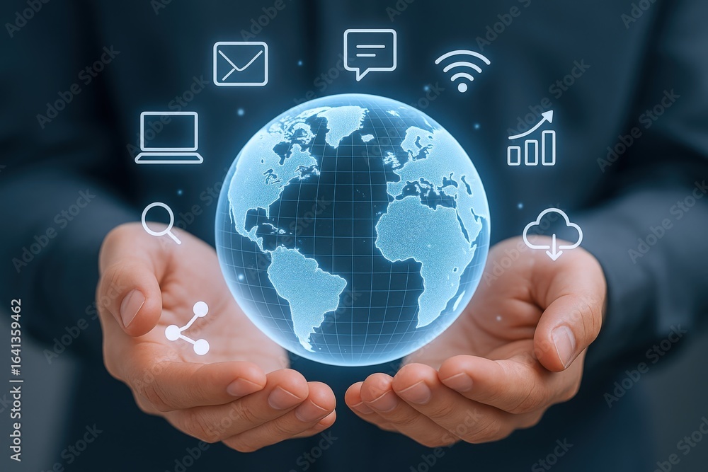 Poster global technology concept: digital world hologram hovering above hands representing connectivity and