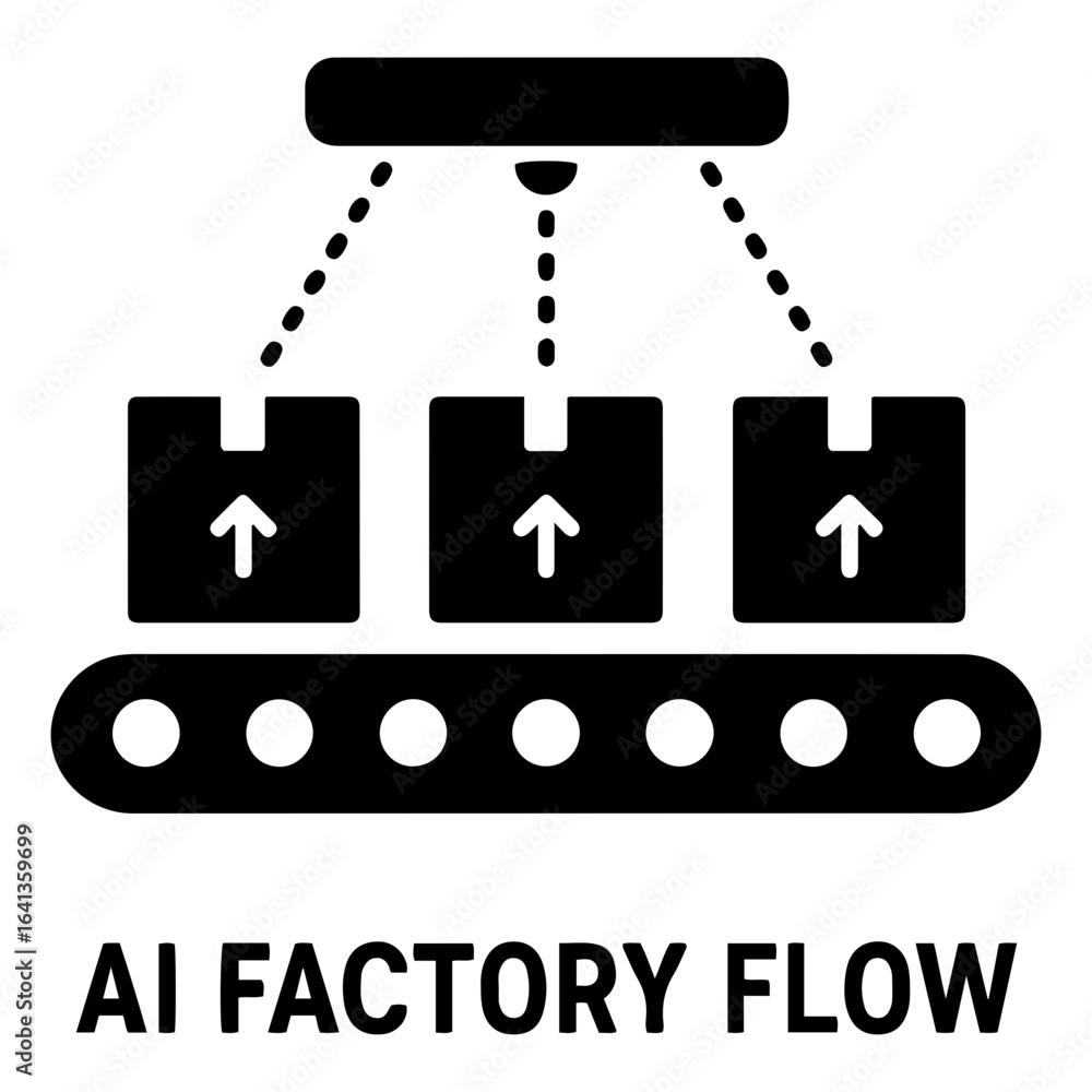Poster silhouette vector ai icon illustration of automated production line with boxes on conveyor belt and 