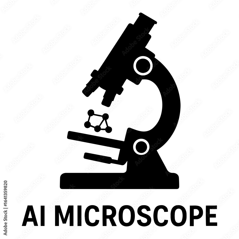 Poster silhouette vector ai icon illustration of a black microscope examining a molecule on a white backgro