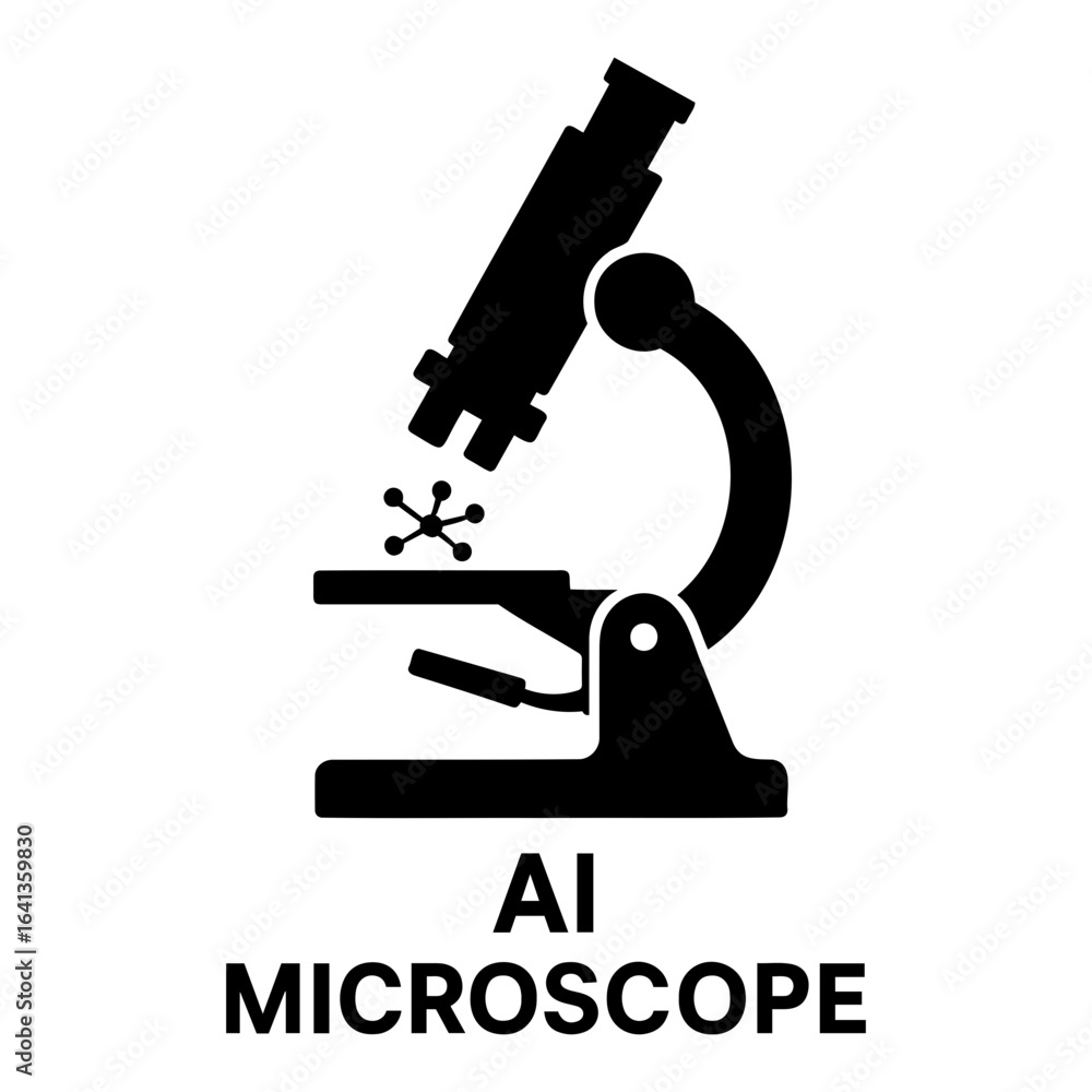 Poster silhouette vector ai icon illustration of a black microscope with a specimen on the stage and ai tex