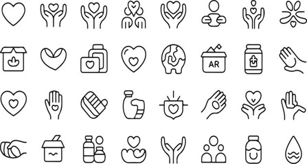 Charity & Social Impact Outline Icons – Donation, Volunteering, and Humanitarian Support