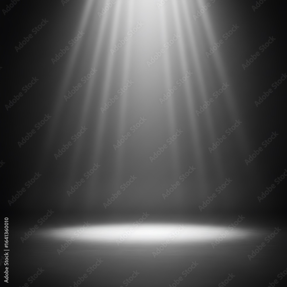 Poster stage lighting illuminates a dark empty space, creating dramatic rays of light on a gray floor.