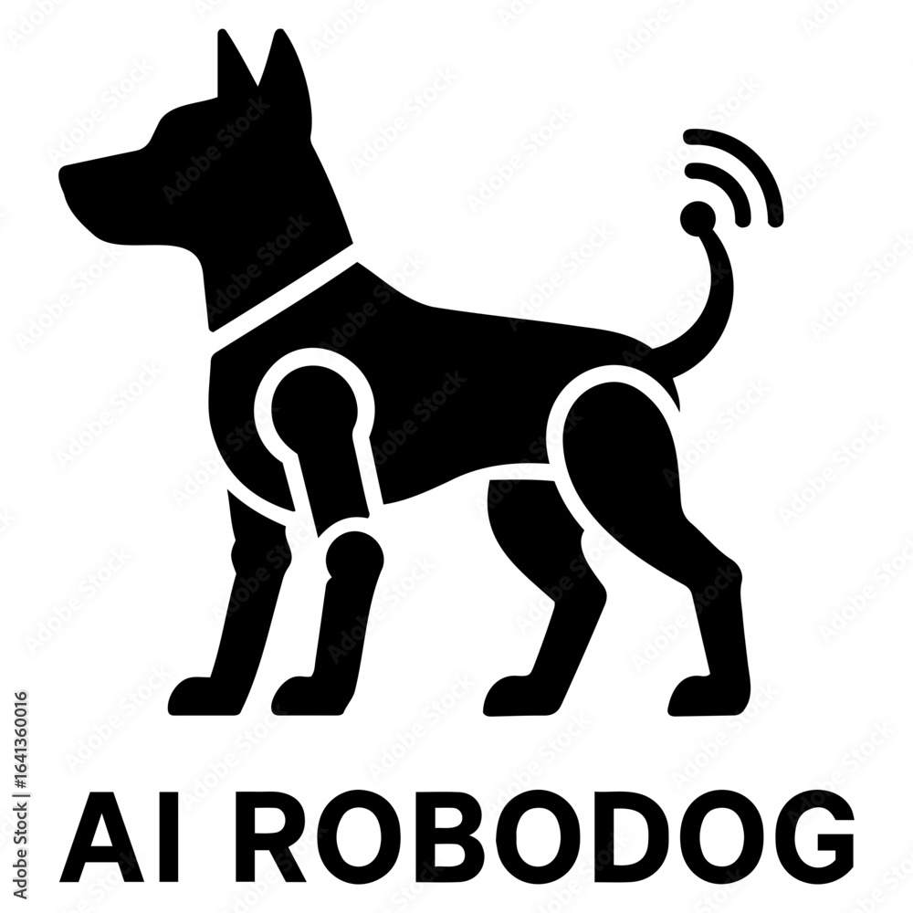 Poster silhouette vector ai icon illustration of a robotic dog with visible joints and a signal emitting ta