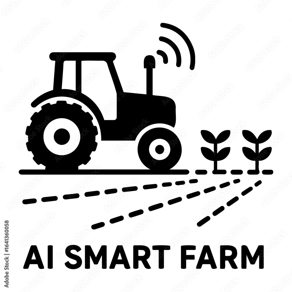 Poster silhouette vector ai icon illustration of a tractor in a field with plants and wifi signal above it 