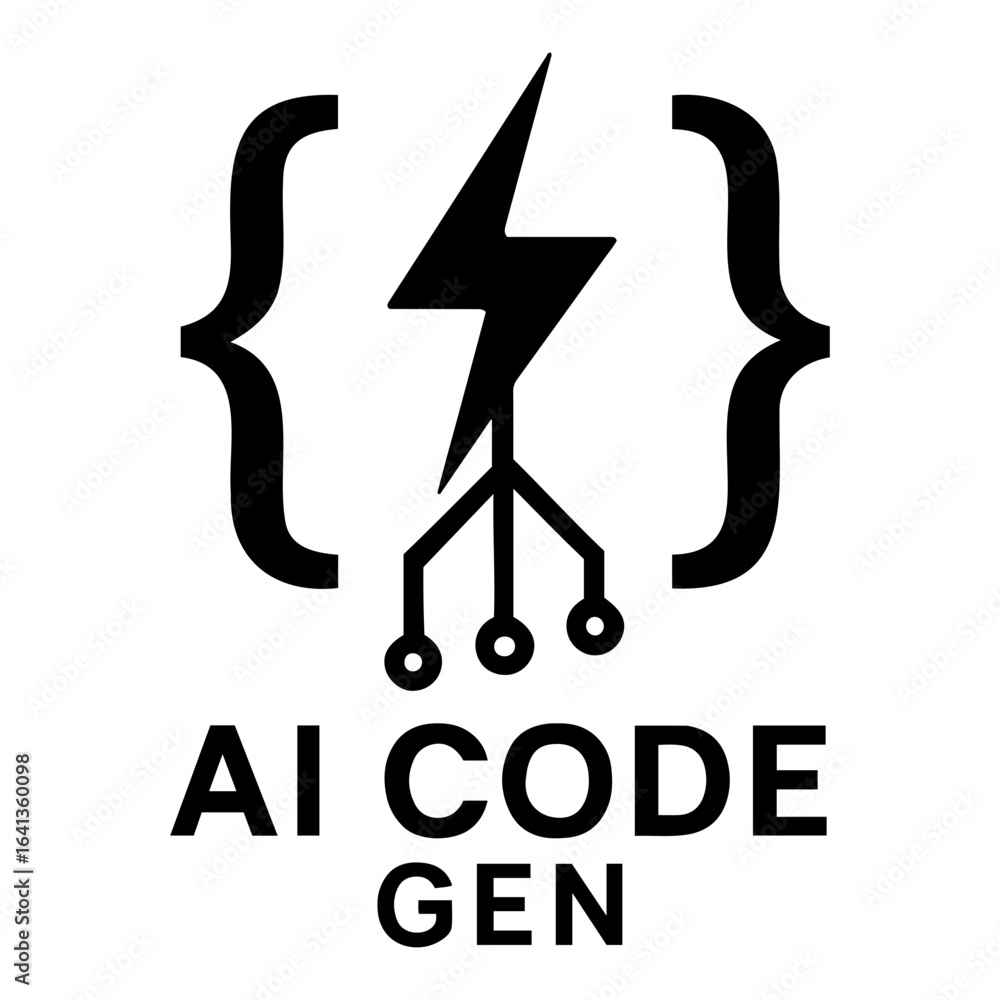 Poster silhouette vector ai icon illustration of ai code generation with lightning bolt and curly brackets 