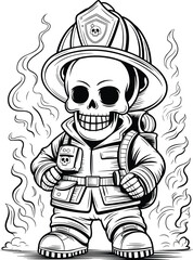 Black and white line art illustration of a fierce skeleton firefighter with protective gear, helmet, oxygen tank, holding hose, flames, smoke background