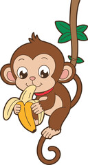 Cartoon monkey with brown fur, light face, red collar, curled tail, hanging from green vine, eating peeled banana, jungle animal illustration