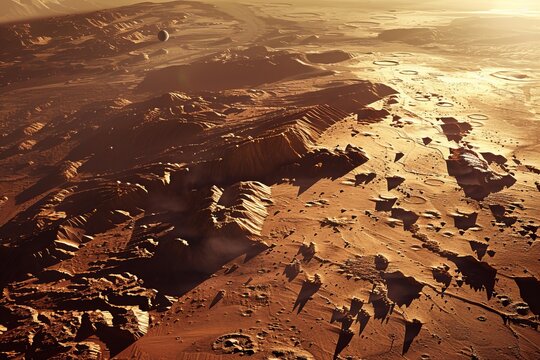 Martian landscape with canyons, craters, mountains and phobos orbiting over the red planet during sunset