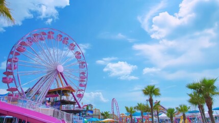Bright Pink Ferris Wheel and Colorful Amusement Park Scene