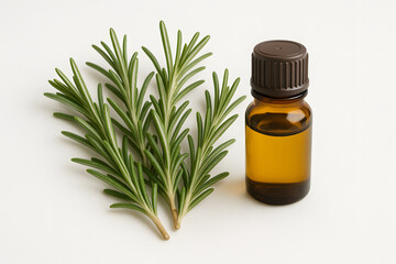 Rosemary Essential Oil: A captivating studio shot showcases sprigs of fresh rosemary alongside a bottle of pure essential oil, evoking the soothing essence of nature's aromatic healing.