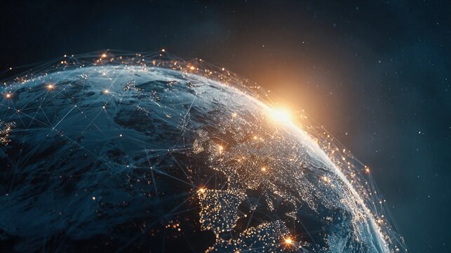 Global Network Connection: Earth Visualization with City Lights and Digital Connectivity for Technology and Communications