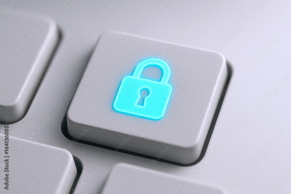 Poster lock icon on keyboard button illustrating data protection, online security and digital privacy