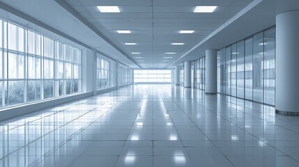 Obraz premium Modern Empty Office Hallway with Large Windows and Polished Floors, Ideal for Corporate Backgrounds