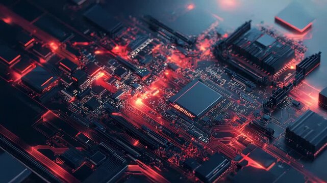 Futuristic circuit board pulsating with red energy flows