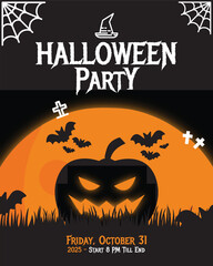 Spooky Halloween Party Vector Poster – Scary Pumpkin, Bats & Graveyard Night