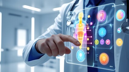 Doctor interacting with futuristic medical hologram display