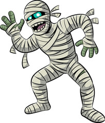 Cartoon mummy character in white bandages, glowing blue eyes, green hands, dynamic pose, spooky Halloween monster, scary undead illustration