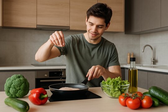Man Seasoning Chicken in Modern Kitchen with Fresh Vegetables - Powered by Adobe