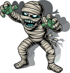 Cartoon mummy character, glowing blue eyes, sharp teeth, green fingers, spooky bandages, horror illustration, eerie shadow, stylized undead design