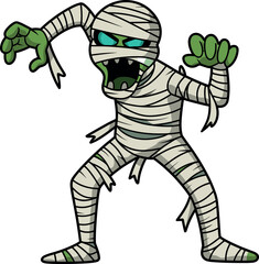 Cartoon mummy with white bandages, green skin, glowing blue eyes, sharp teeth, raised arms, spooky attack pose
