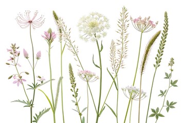 Delicate watercolor illustration of various wildflowers and grasses against a clean white background