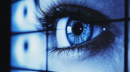 Closeup Woman Eye on video wall of multiscreen flat tv techonology concept of blue filter for health.