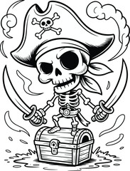 Cute Pirate Skeleton with Treasure Chest and Swords, Black and White Cartoon Illustration, Funny Halloween Skull Art for Kids