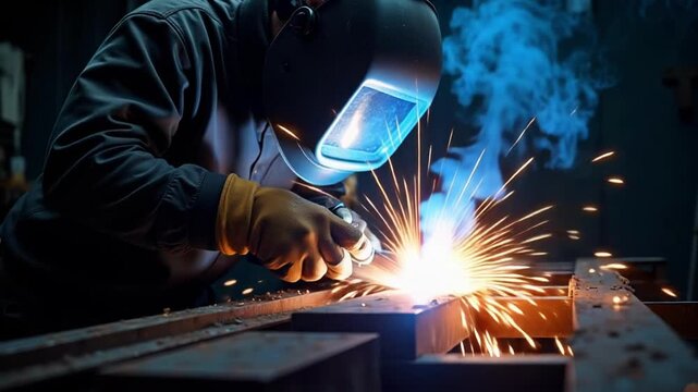 Dynamic metalworker welding steel beams with intense sparks in dark workshop, showcasing industrial strength and precision craftsmanship, creating vibrant energy