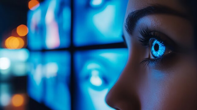 Closeup Woman Eye on video wall of multiscreen flat tv techonology concept of blue filter for health.