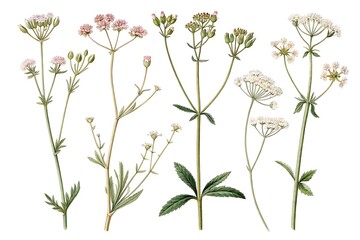 Delicate wildflowers with intricate umbel flower heads and slender stems arranged on a white background