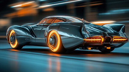 Obraz premium Classic car from an alternate 1960s future with glowing wheels and an aerodynamic chrome body