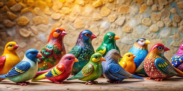 Vibrant Stone Bird Sculptures: Tactile Art & Natural Beauty - Powered by Adobe