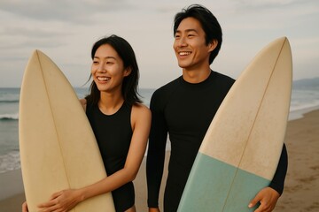 Joyful surfers on sandy beach