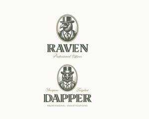 Fototapeta premium Vintage gentle elegant Rook bird head in a top hat and suit vector style logo template