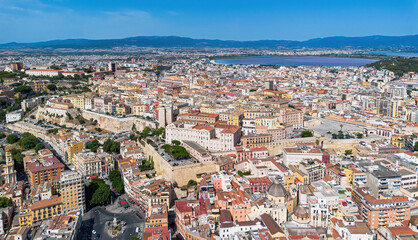 Fototapeta premium Aerial view of the Castello, the old medieval town of Cagliari, the capital city of Sardinia, an Italian island of the Mediterranean Sea