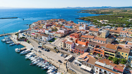 Fototapeta premium Aerial view of Stintino, a fishing village located in the north of Sardinia, an Italian island in the Mediterranean Sea