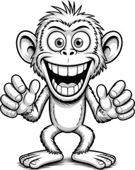 Happy Cartoon Monkey Smiling with Big Eyes, Black and White Jungle Animal Illustration, Playful and Fun Wildlife Character Design
