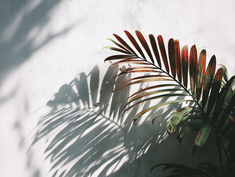 Tropical palm leaves shadow on white wall