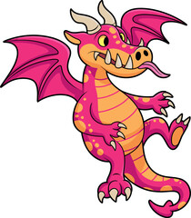 Cartoon pink dragon with orange-yellow accents, white horns, yellow eyes, tongue out, curled tail, pink wings, yellow spots