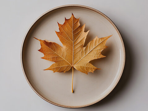 Minimalist autumn concept, single golden maple leaf placed on a plain beige ceramic plate