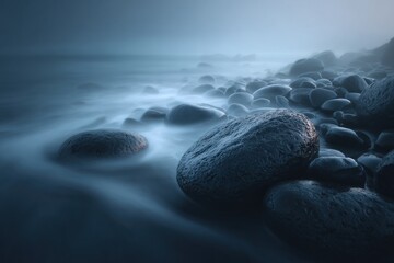 Black sand beach with levitating stones &mdash; close view / warm grade