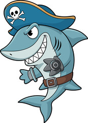 Cartoon pirate shark character, blue hat with skull emblem, mischievous grin, sharp teeth, belt with gear, pointing fin, playful sea illustration
