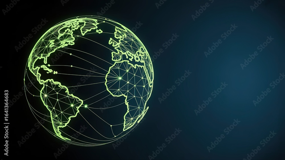 Poster global network and connection: a luminous digital globe, showcasing a vast network of interconnected