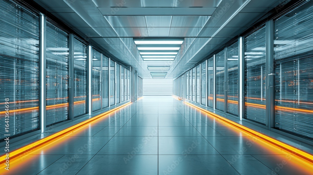 Poster modern data center corridor with rows of server racks and futuristic lighting for technology solutio