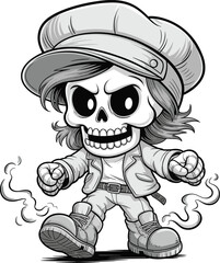 Vintage cartoon skeleton walking in urban alley, black and white street art style, retro comic illustration, cool rebellious character